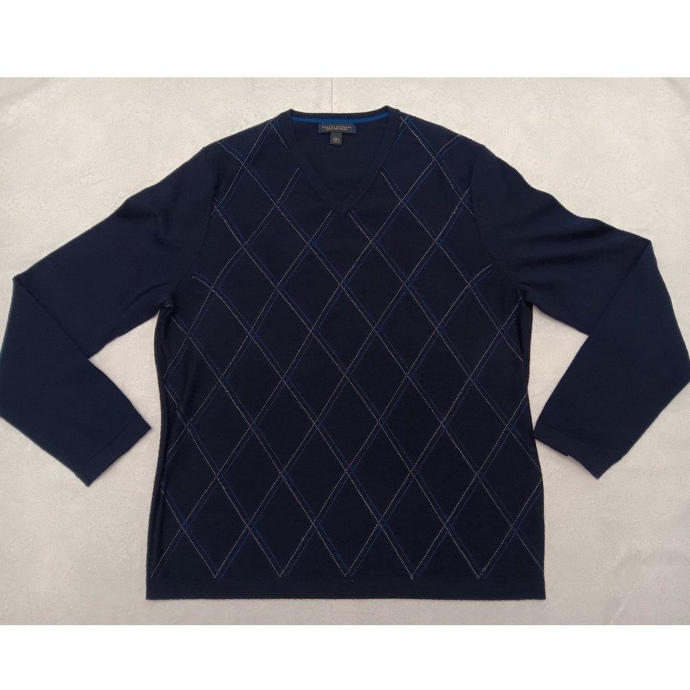 Banana Republic Mens‎ Navy Blue Argyle Extra Fine Merino Wool V-Neck Sweater L